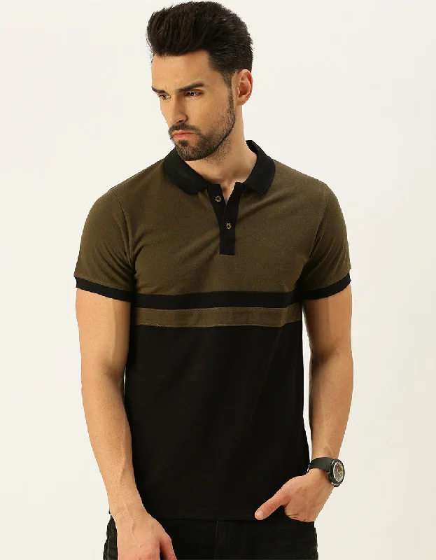 Men's versatile office wear polo shirt-Olive Polo Colorblock Polo T-shirt