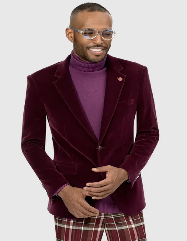 Men's relaxed fit parka-Mens Two Button Modern Fit Burgundy Velvet Blazer