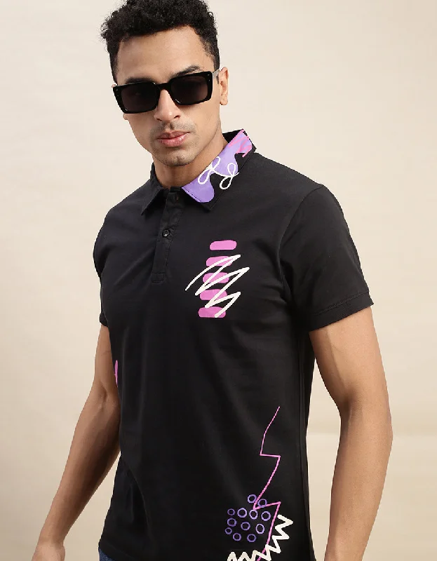 Men's eco-friendly gym wear polo shirt-Zigzag Black Pocket Graphic Printed Polo T-shirt