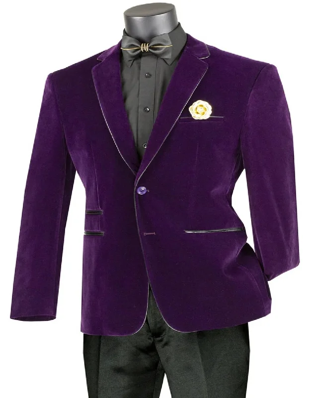 Men's sporty raincoat-Mens Two Button Velvet Purple with Black Leather Piping Trim Blazer