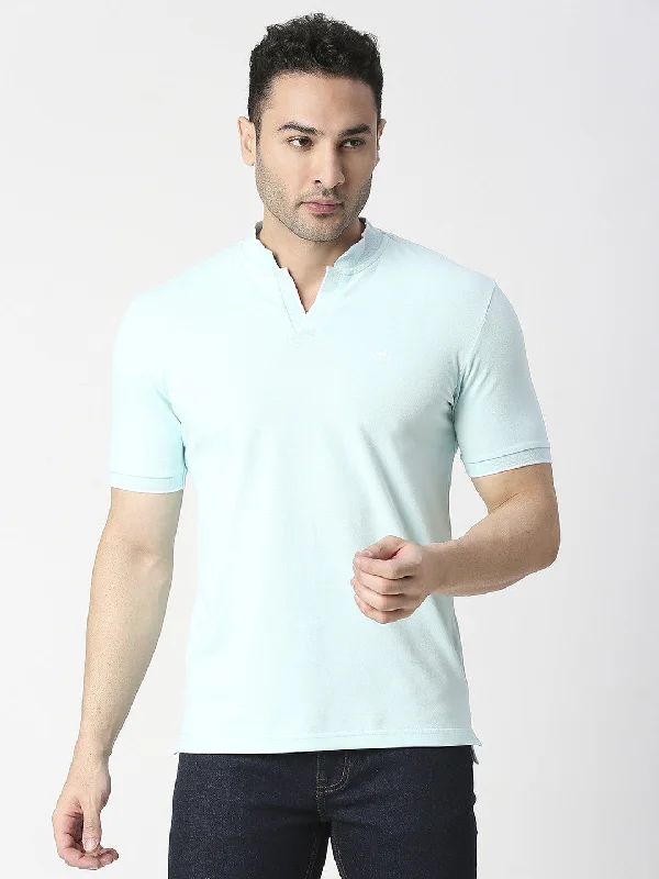 Men's sustainable travel polo shirt-Mint Pique Lycra Polo T-shirt With Johnny Collar