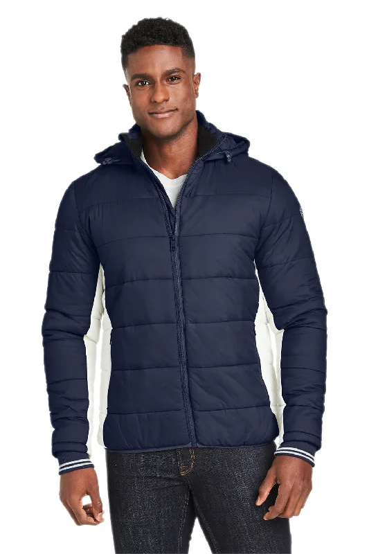 Men's eco-friendlyNautica Mens Nautical Mile Wind Resistant Packable Full Zip Hooded Puffer Jacket - Night Navy Blue/Antique White