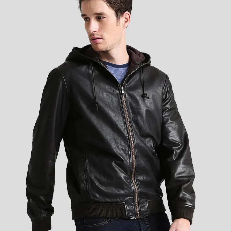 Men's gym-ready performance jacket-Chet Black Hooded Genuine Leather Jacket