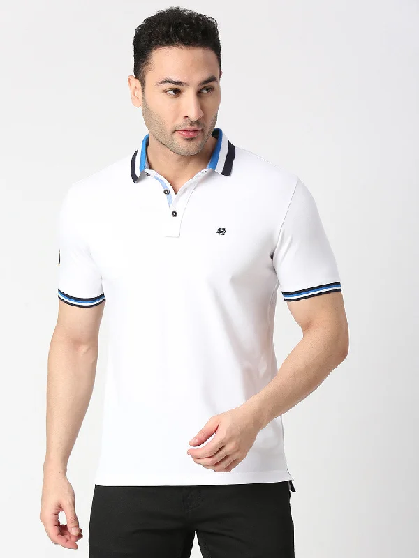 Men's relaxed fit gym wear polo shirt-White Pique Lycra Polo T-shirt