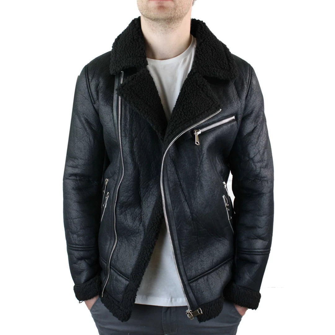 Men's breathable gym jacket-Men's Shearling Sheepskin Faux Fur B3 Aviator Flying Jacket Cross Zip RAF Black