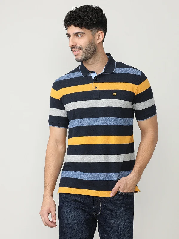 Men's fashion-forward gym polo shirt-Navy Pique Stripes Polo T-shirt With Tipping Collar