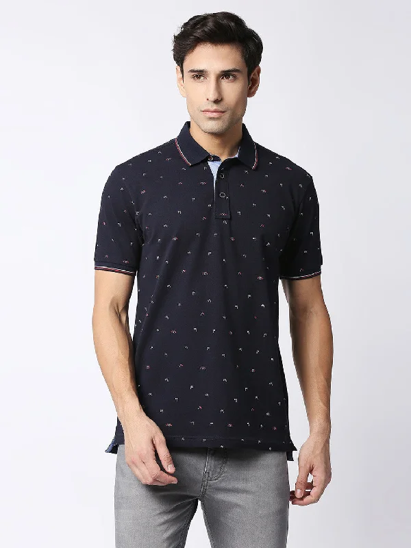 Men's fashionable casual wear polo shirt-Navy Blue Cotton Lycra Printed Polo T-shirt