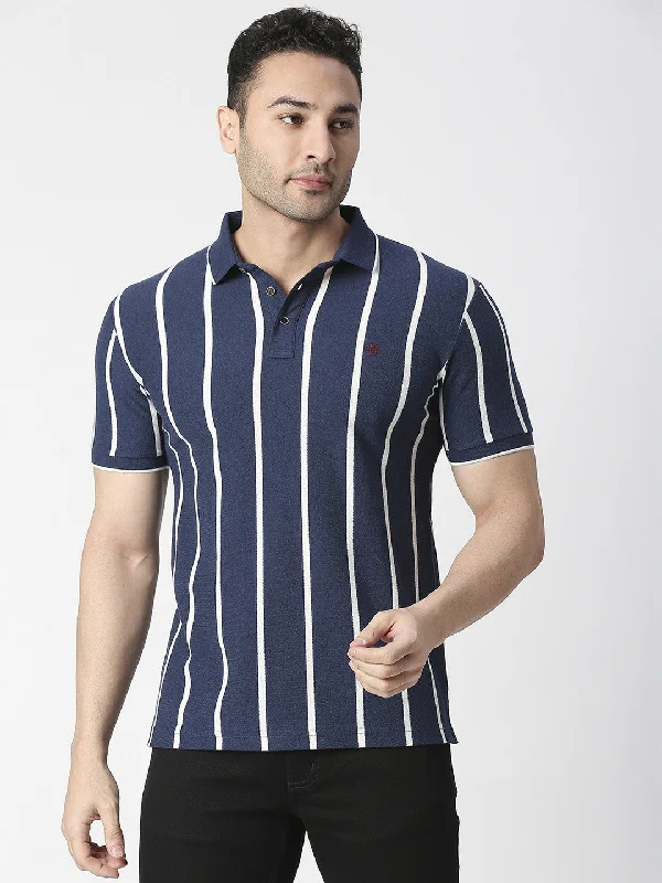 Men's naturally breathable office polo shirt-Blue Melange Vertical Striped Pique Polo T-shirt