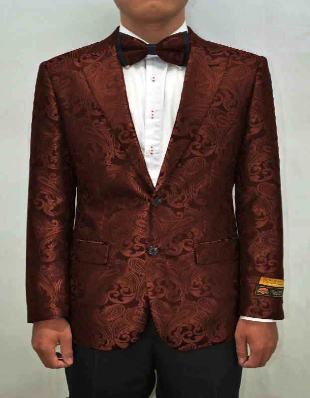 Men's naturally cooling jacket-Mens Paisley Blazer - Floral Pattern Rust Copper Color and Black Mix - Light Brown Color Tuxedo Dinner Jacket