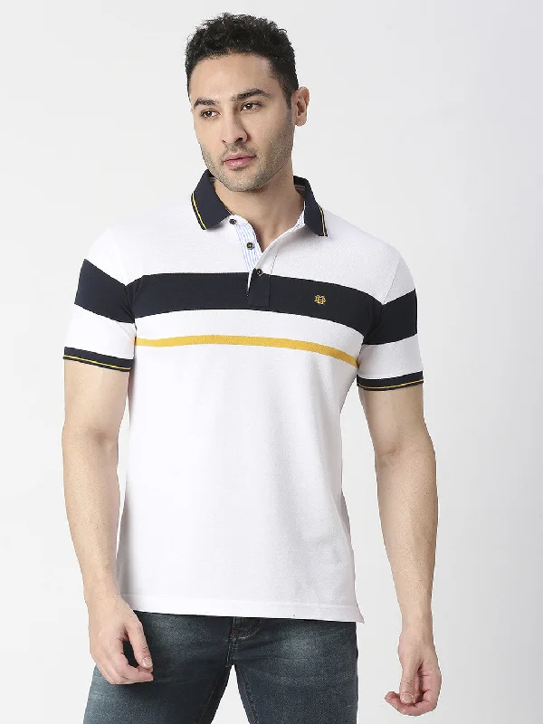 Men's performance casual wear polo shirt-White Striped Pique Polo T-shirt