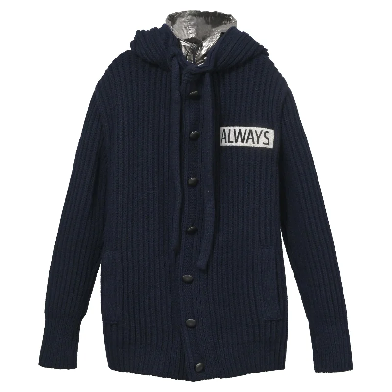 Men's hunting sweatshirt-Valentino Garavani All Ways Knit Jacket with Metallic Hood in Blue Wool