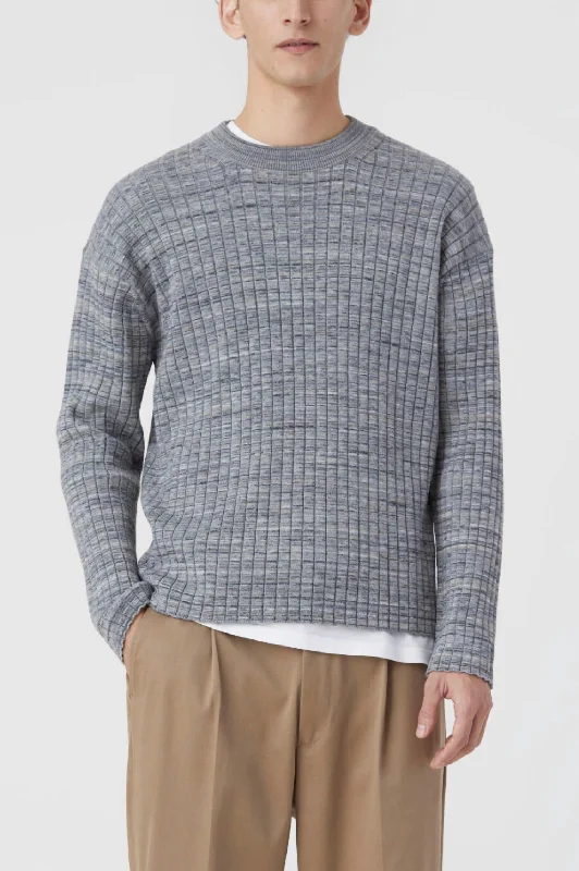 Men's basic sweatshirt-Crew Neck Ribbed Jumper In Ash Grey