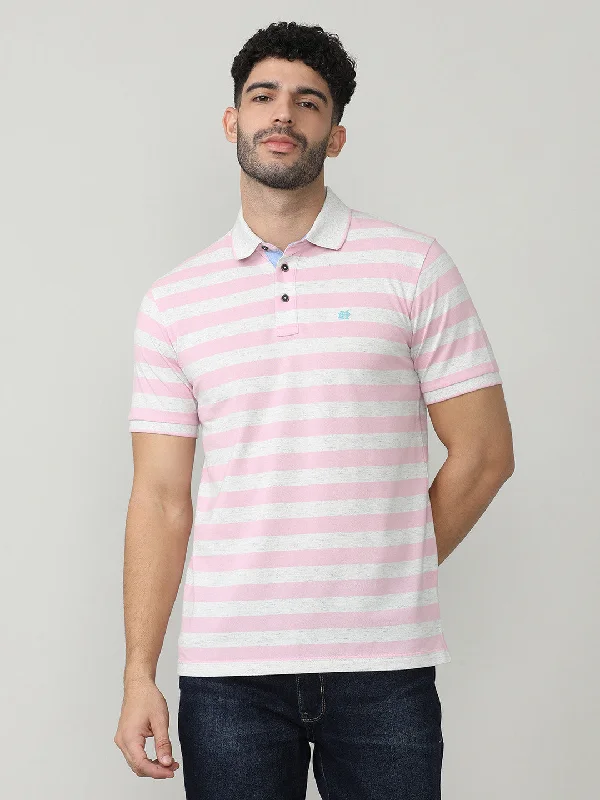 Men's breathable travel polo shirt-Pink Pique Stripes Polo T-shirt With Tipping Collar