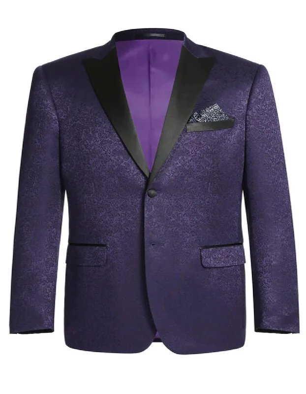 Men's quick-dry travel coat-Mens Two Button Peak Lapel Paisley Prom Purple Tuxedo Blazer