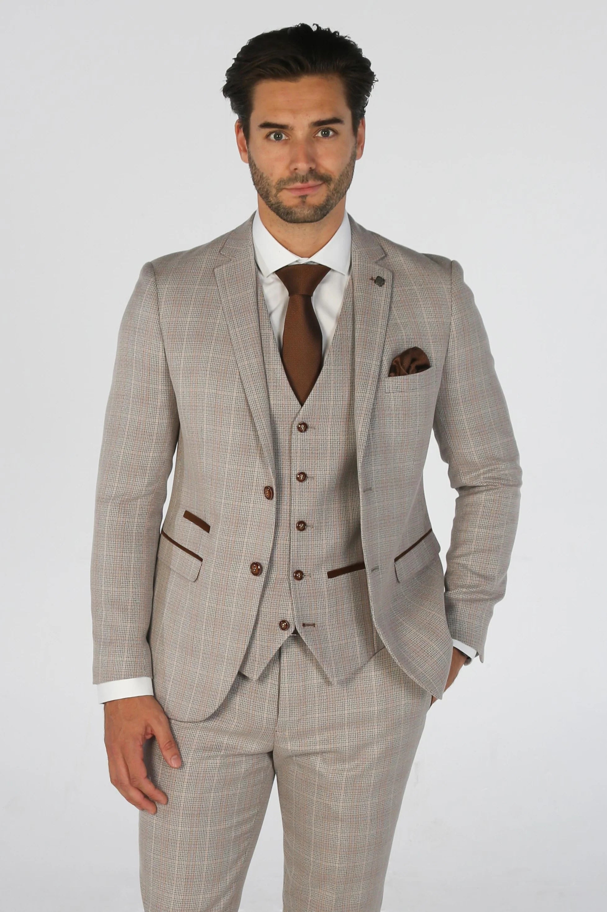 Men's cooling gym jacket-Leo - Men's Beige Checked Tailored Fit Blazer