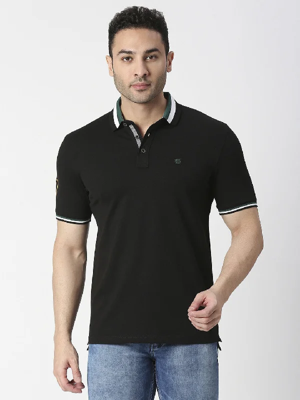 Men's quick-dry travel polo shirt-Black Pique Lycra Polo T-shirt