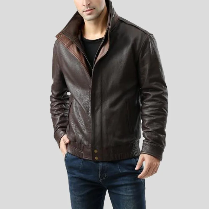 Men's cooling gym jacket-Chek Brown Bomber Leather Jacket