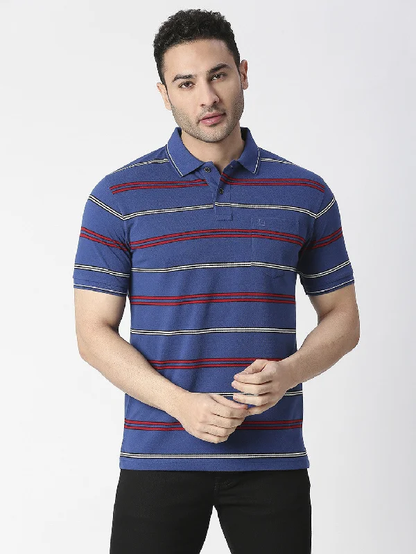 Men's non-iron gym polo shirt-Royal Blue Striped Pique Polo T-shirt With Pocket