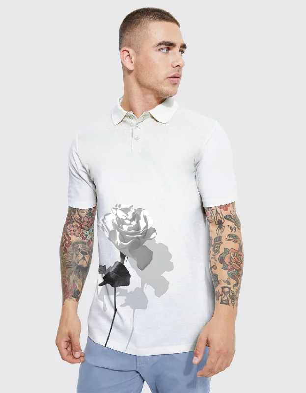 Men's pre-shrunk casual wear polo shirt-White Rose Graphic Front Printed Polo T-shirt