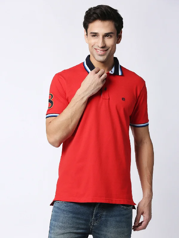 Men's eco-conscious performance wear polo shirt-Red Cotton Lycra Polo T-shirt