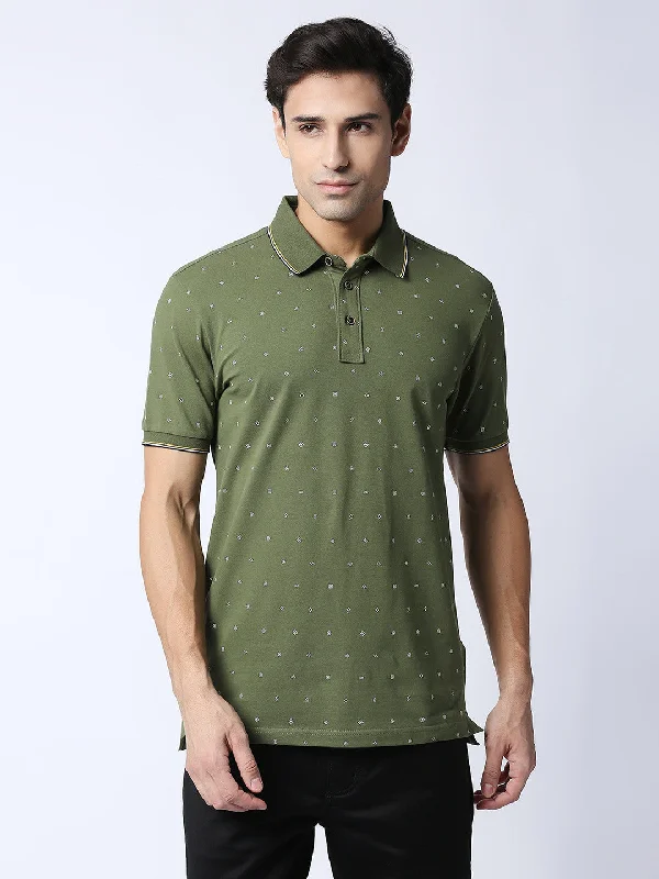 Men's breathable gym polo shirt-Olive Green Printed Pique Lycra Polo T-shirt