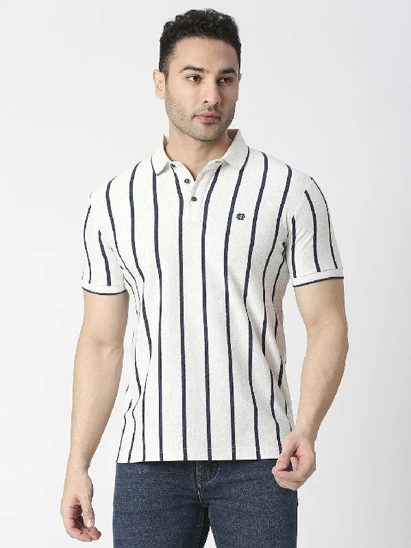 Men's lightweight performance wear polo shirt-Ecru Melange Vertical Striped Pique Polo T-shirt