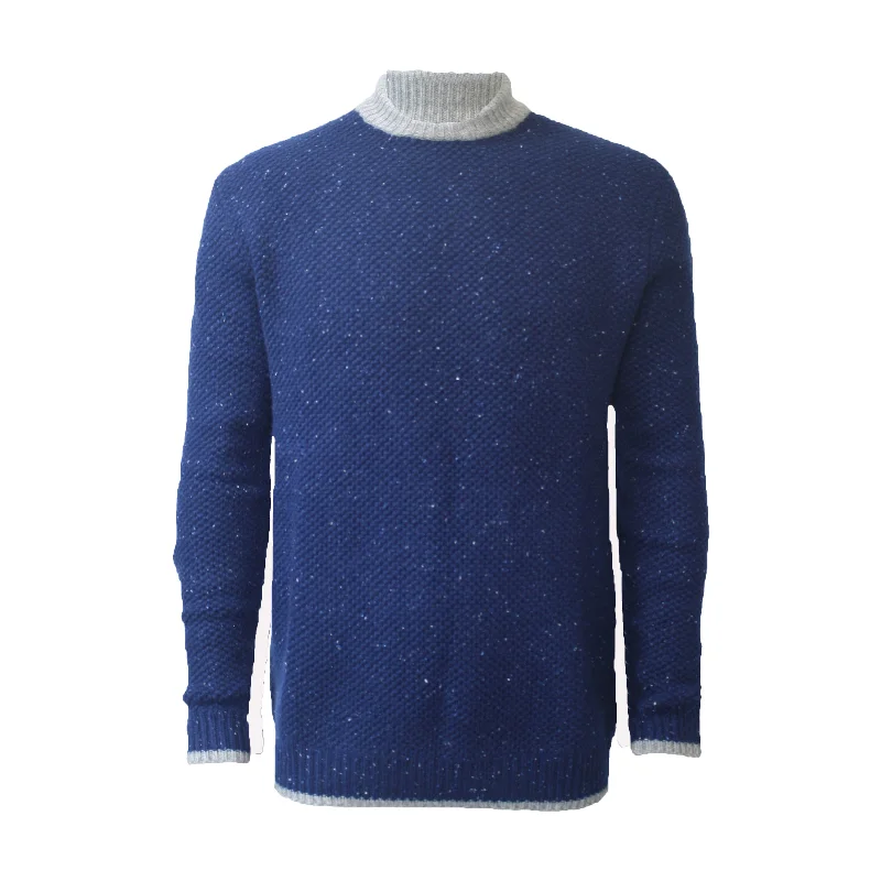 Men's trendy knit-Blue Cashmere Crewneck Sweater in heavy seed stitch knit Vence