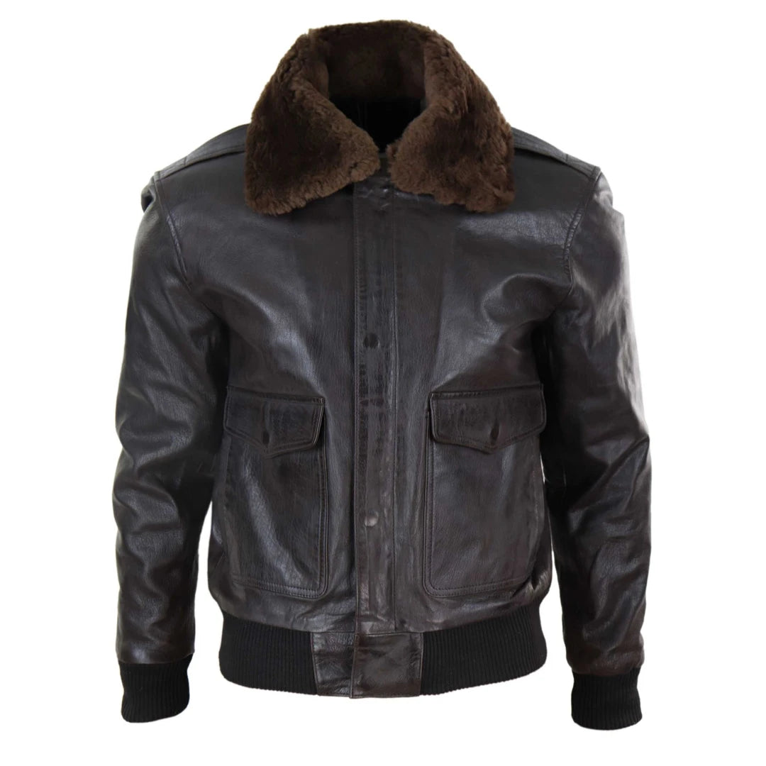 Men's lightweight running jacket-Men's Leather Aviator Bomber Jacket Removable Fur Collar Pilot Flying Jacket