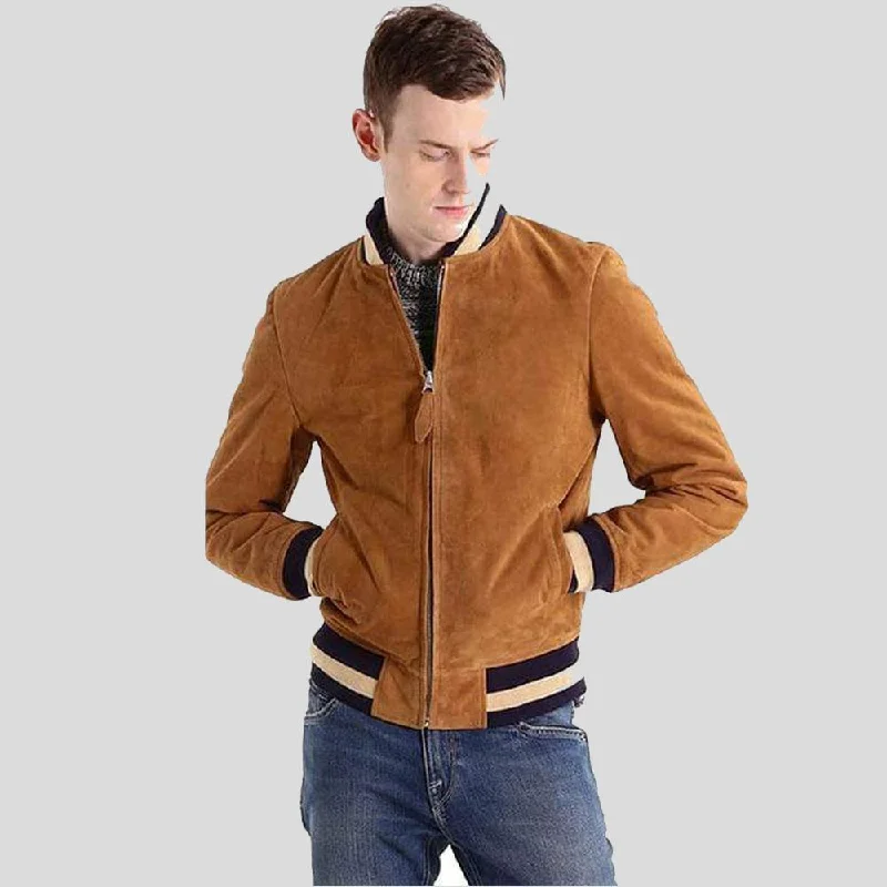 Men's tech-inspired casual jacket-Deon Brown Suede Bomber Leather Jacket