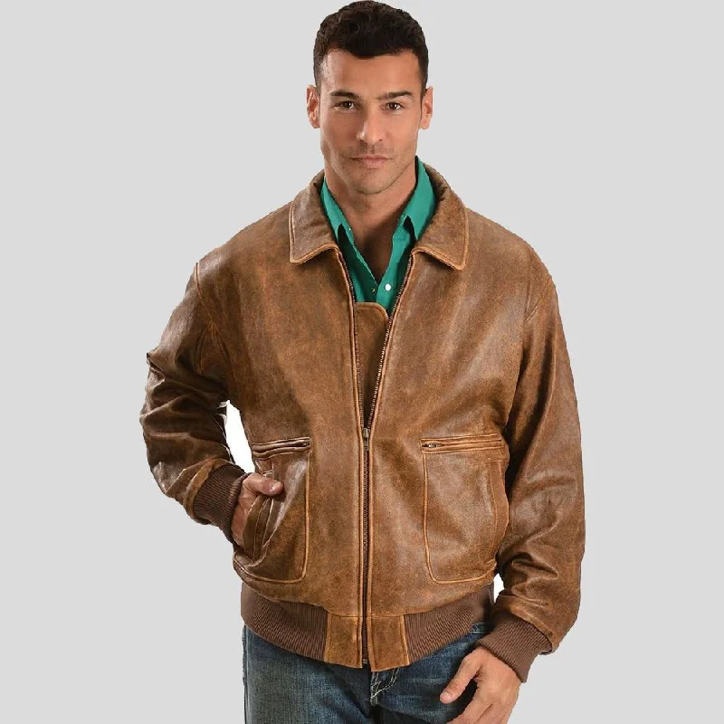 Men's relaxed fit windbreaker-Mord Brown Bomber Leather Jacket