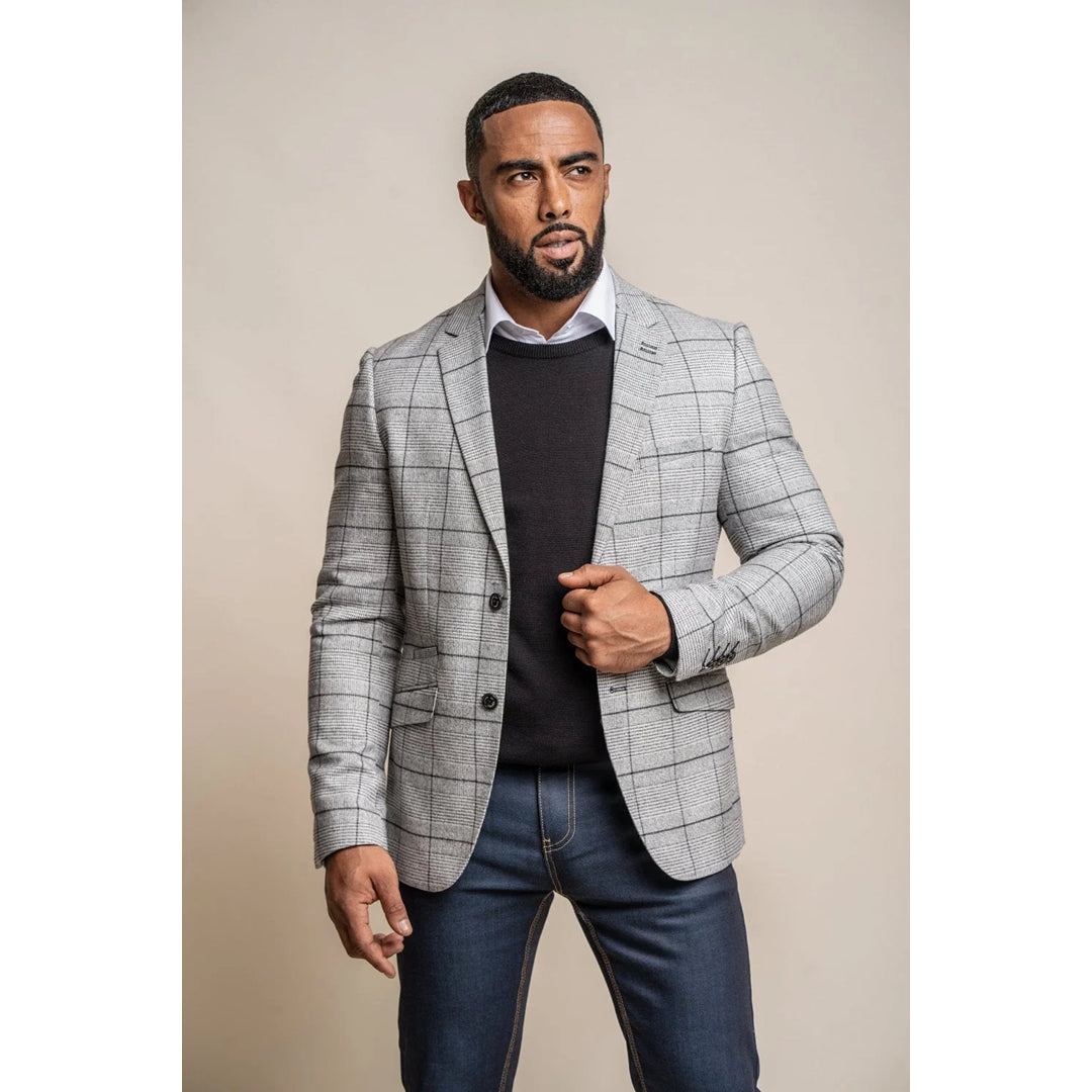 Men's pre-shrunk fleece jacket-Ghost - Men's Grey Tweed Checked Blazer