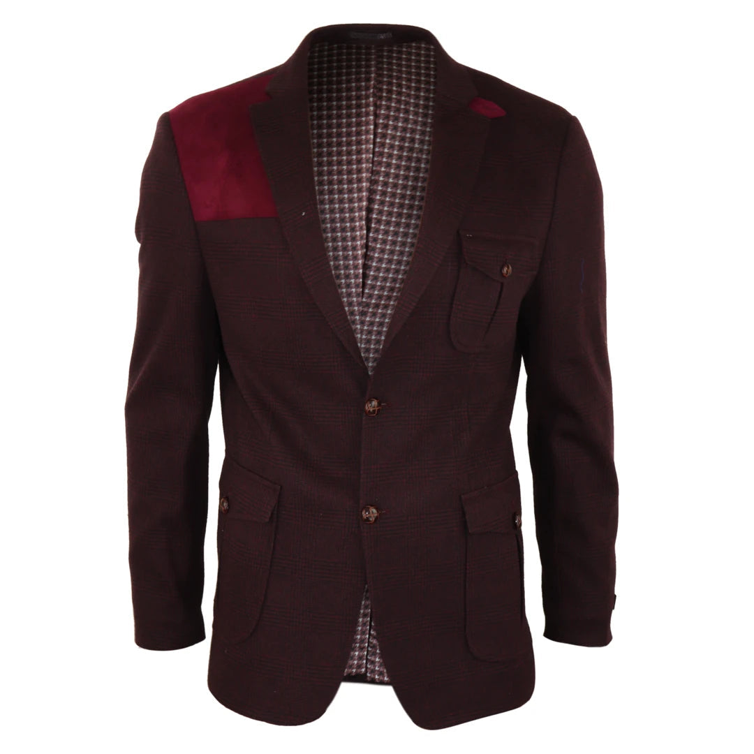 Men's eco-friendlyMen's Wool Tweed Jacket Hunting Blazer Check Elbow Patch Wine