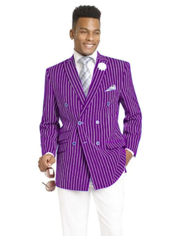 Men's adventure-ready parka-Mens Double Breasted Blazer in Color Purple - Pinstripe Sportcoat