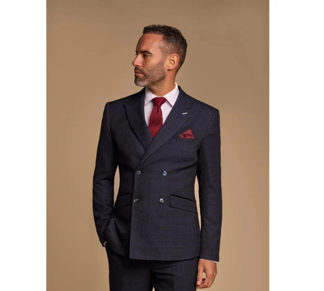 Men's quick-dry travel coat-Caridi - Men's Navy Blue Double Breasted Blazer