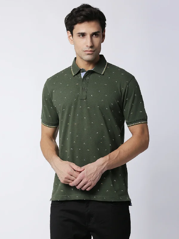 Men's eco-conscious performance polo shirt-Olive Cotton Lycra Printed Polo T-shirt