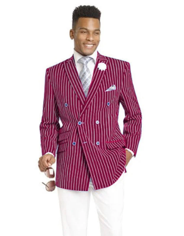 Men's versatile hiking jacket-Mens Double Breasted Blazer in Color Burgundy - Pinstripe Sportcoat