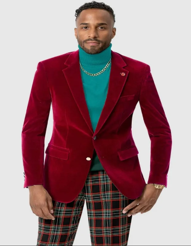 Men's weather-resistant gym jacket-Mens Two Button Modern Fit Velvet Red Blazer