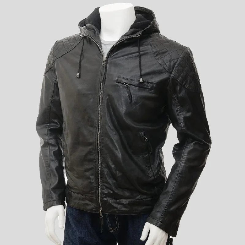 Men's performance casual jacket-Franc Black Hooded Leather Jacket