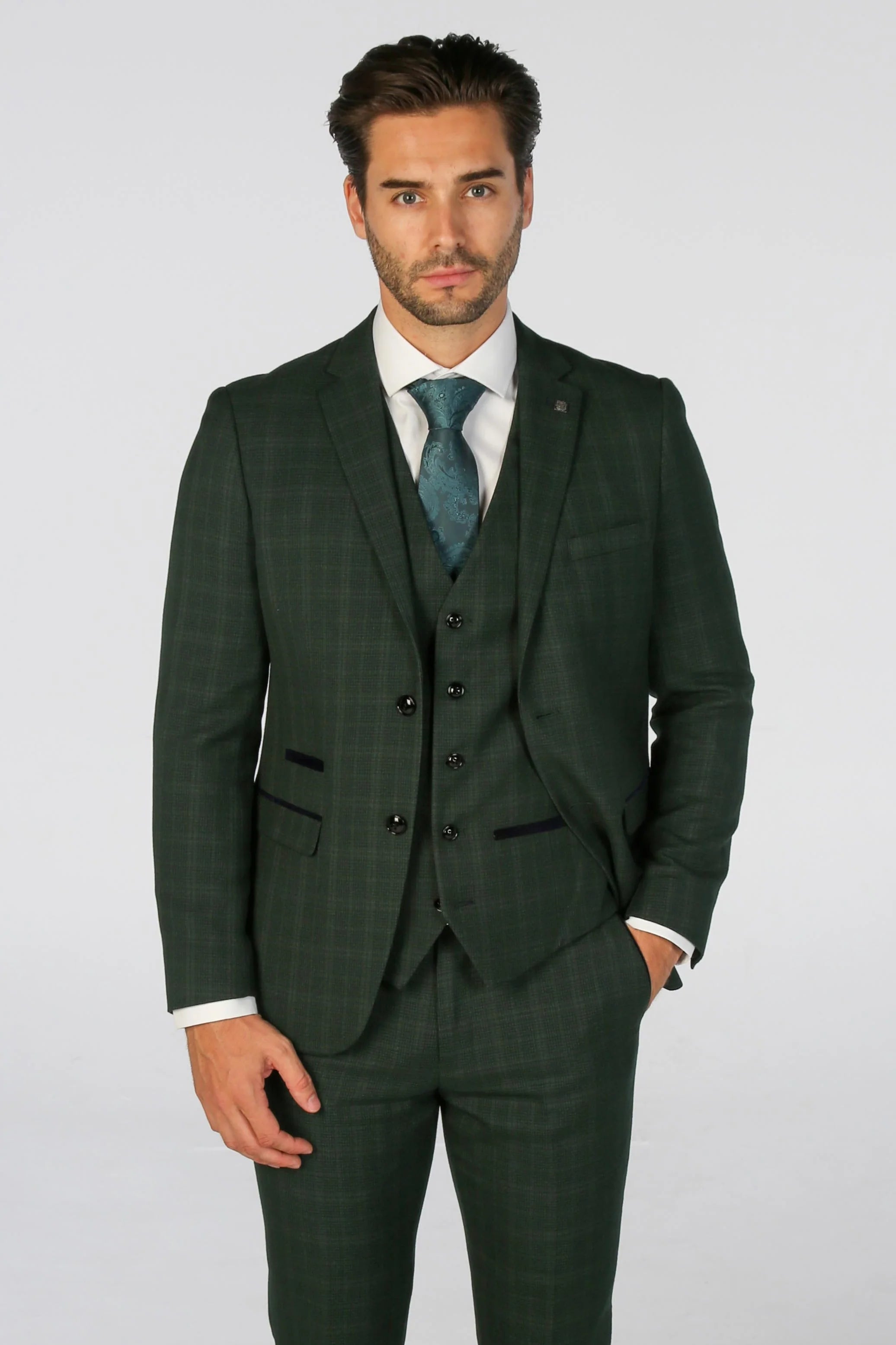 Men's active travel jacket-Leo - Men's Green Checked Tailored Fit Blazer