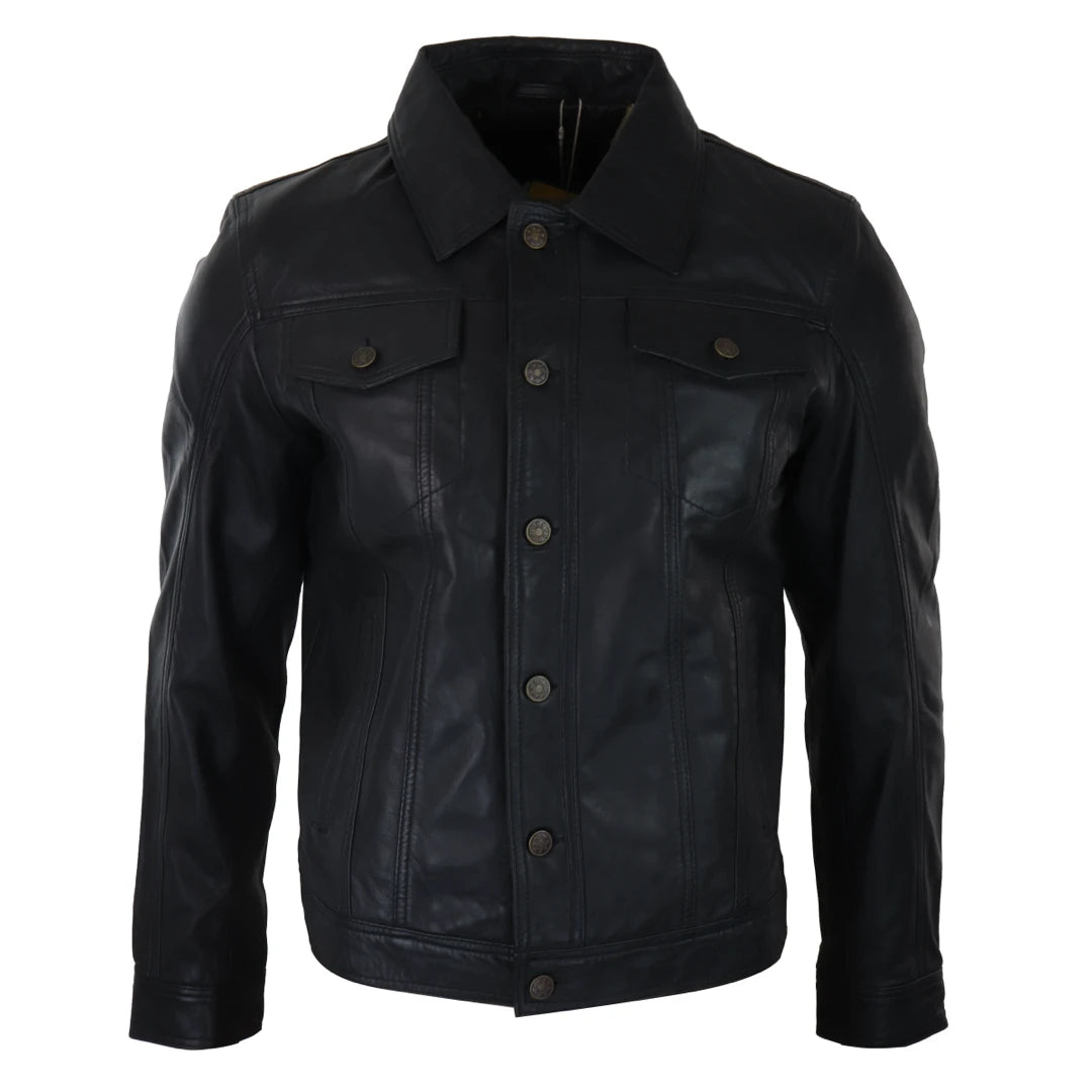 Men's functional field jacket-Men's Jeans Jacket Leather Short Washed Biker