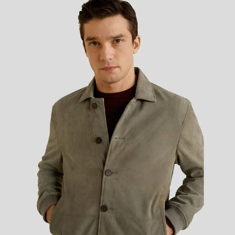 Men's summer casual jacket-Oren Grey Suede Bomber Leather Jacket