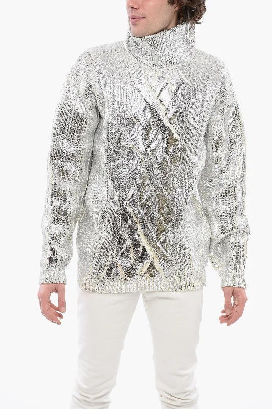 Men's festival sweatshirt-Balmain Lamè Coated Wool Blend Pullover With Turtleneck