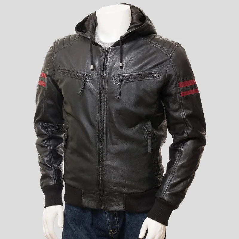 Men's gym performance jacket-Jed Black Leather Jacket With Hood