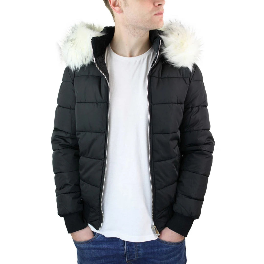 Men's relaxed fit windbreaker-Men's Bomber Puffer Jacket Quilted Warm Winter Removable Fur Hood Pilot