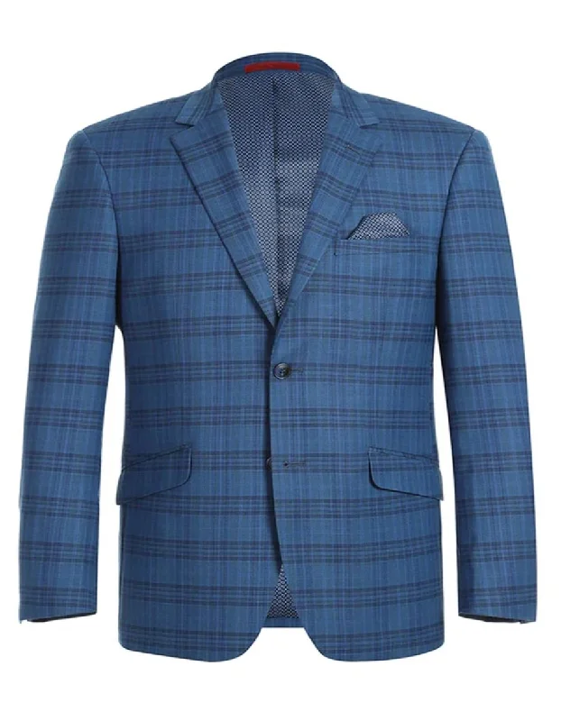 Men's sustainable travel jacket-Mens Two Button Slim Fit Sport Coat Medium Indigo Blue Windowpane Plaid Blazer