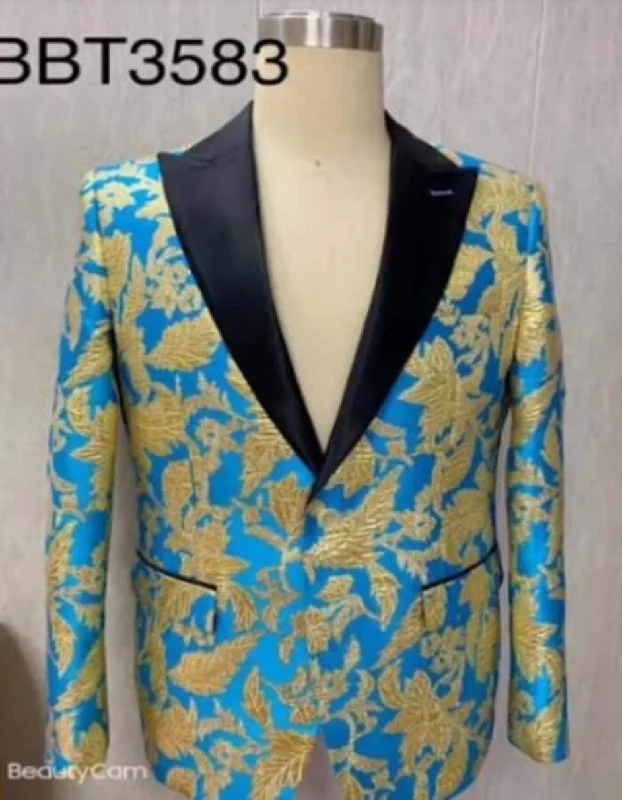 Men's durable windbreaker jacket-Style-B6362 Mens Blazer - Turquoise and Gold Paisley Blazer - Fashion Prom Sport Coat