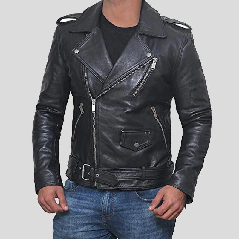 Men's pre-washed hiking jacket-Alec Black Biker Leather Jacket