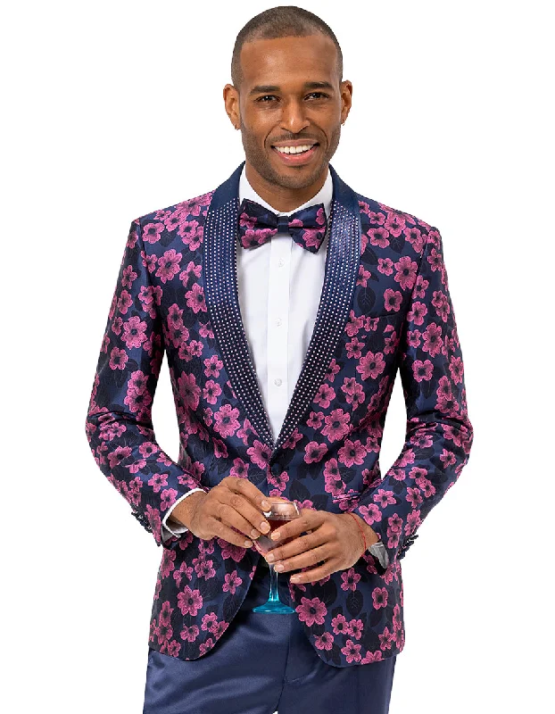 Men's wrinkle-free hiking jacket-Mens Paisley Jeweled Shawl Prom Tuxedo Blazer in Magenta