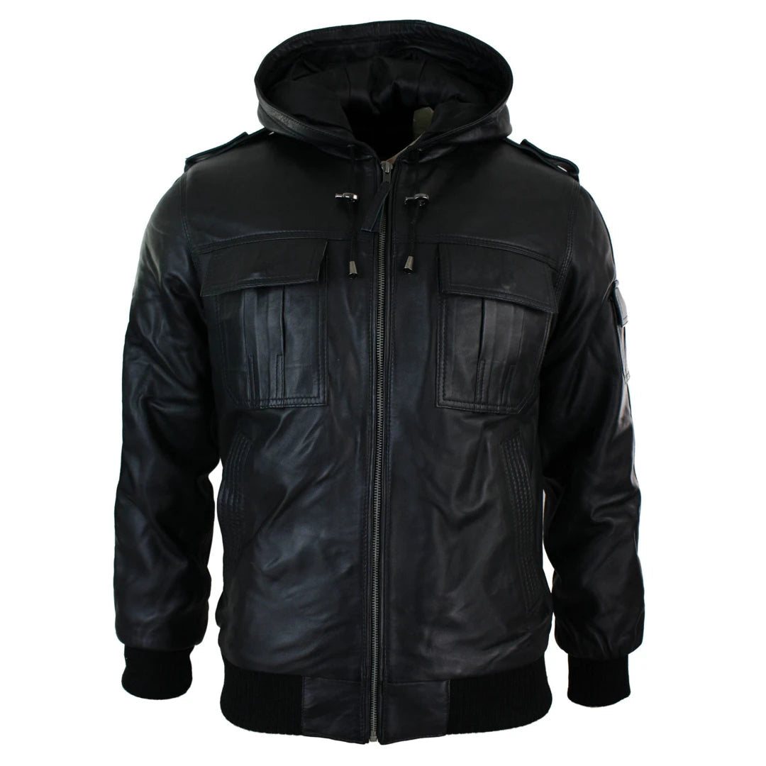 Men's antibacterial performance jacket-Men's Black Hooded Leather Jacket