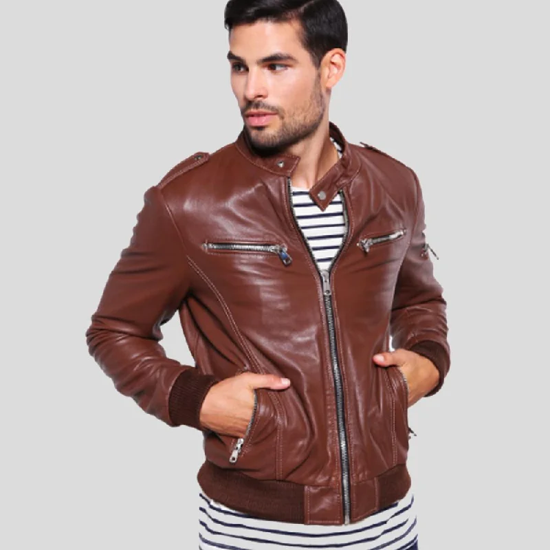 Men's versatile hiking jacket-Fonz Brown Bomber Leather Jacket